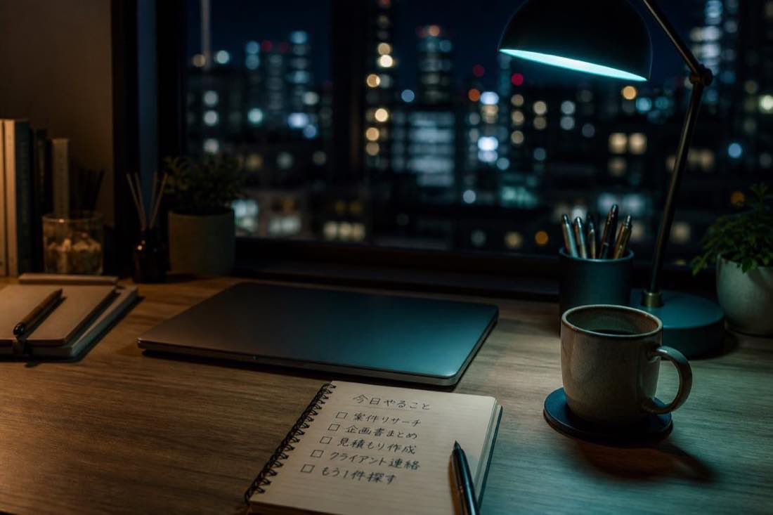 夜のデスク。副業常識のメインビジュアル。